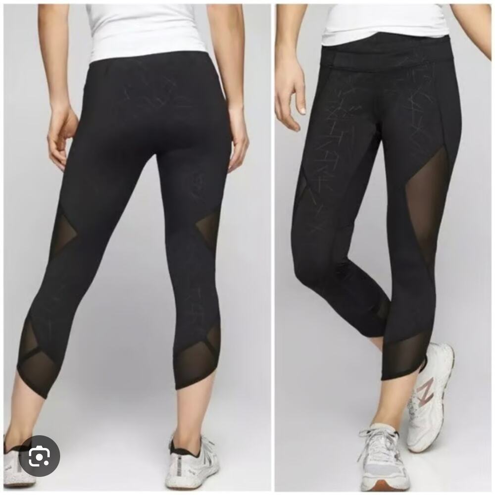 Athleta Black Mesh Cut Salutation Ankle Pull On Athletic Leggings‎ Women's Sz S